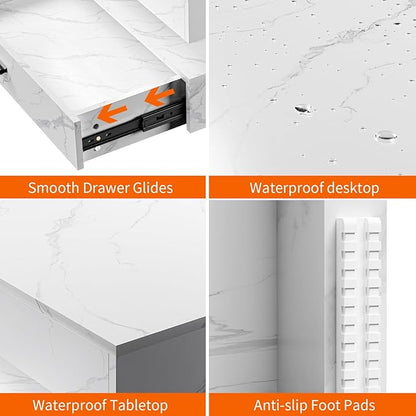 LED Coffee Table for Living Room, 2-Tier Living Room Table Square Center Table, Modern Coffee Tables with Storage, Middle Wooden Tea Tables for Home Office (Marble)