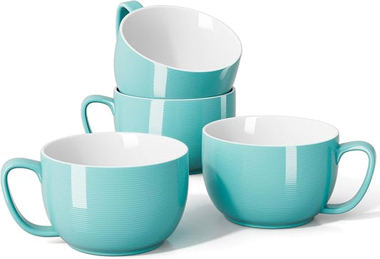Teocera 24 oz Soup Bowls with Handles, Porcelain Large Coffee Mug Set, Jumbo Mugs, Soup Bowls Mugs set of 4 for Coffee, Oatmeal, Stew - Striped Design, Turquoise