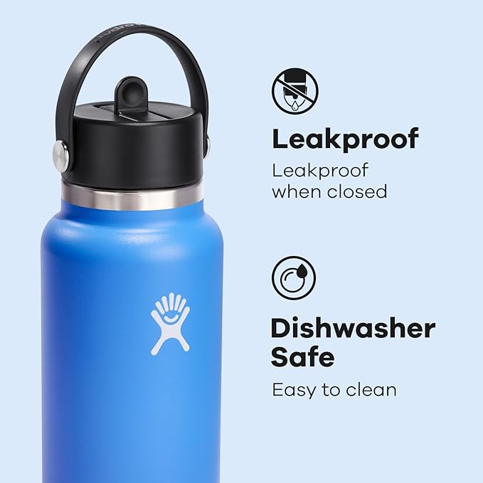 Hydro Flask Water Bottle - Insulated Stainless Steel - Wide Straw Lid, Non Spill, Leakproof in 32 Oz Cascade Blue