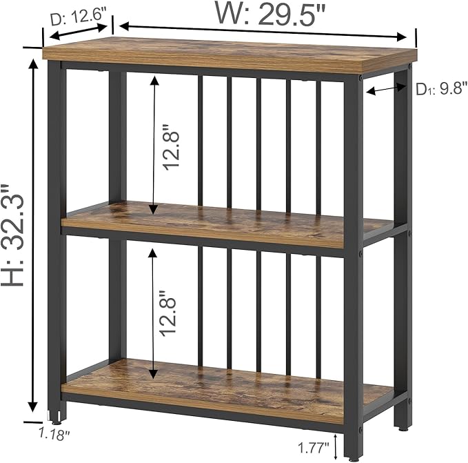 FOLUBAN 3 Tier Bookshelf, Industrial Wood and Metal Bookcase, Small Book Shelf for Home Office Bedroom Living Room, Rustic Brown