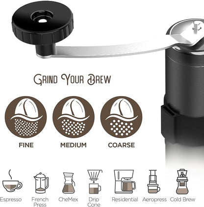 Manual Coffee Grinder — Stainless Steel Conical Burr Coffee Bean Grinder with Hand Crank, 18 Adjustable Settings, Storage Pouch and Sturdy Grip — Portable Coffee Grinder for Camping or Travel