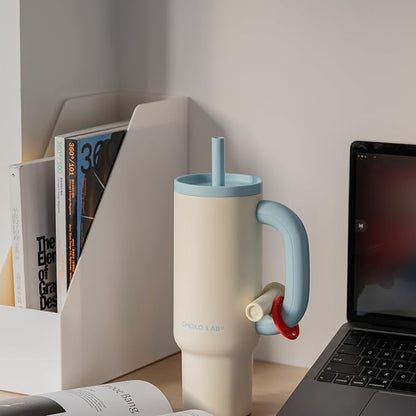 BaWang Insulated Stainless Steel Tumbler | Tumbler with Handle and Straw 33oz | Cup Holder Friendly for Travel | Leakproof Water Bottle | BPA-Free | 316 stainless steel liner| white＆blue