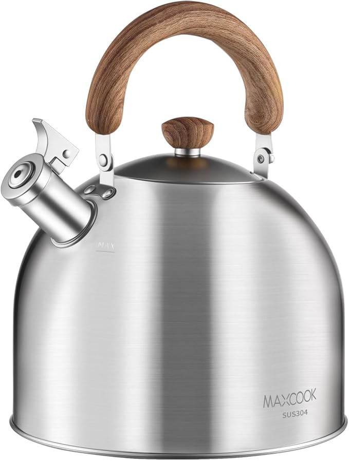 Tea Kettle, 18/8 Stainless Steel Whistling Teapot, 5.29 Quart Camping Tea Kettle for Stovetop, Water Coffee Pot with Anti-Hot Wood Handle (5L,Silver)