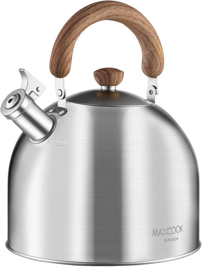 Tea Kettle, 18/8 Stainless Steel Whistling Teapot, 5.29 Quart Camping Tea Kettle for Stovetop, Water Coffee Pot with Anti-Hot Wood Handle (5L,Silver)