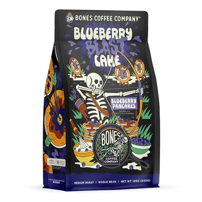 Bones Coffee Company Blueberry Blast Cake, Blueberry Pancakes Flavored Coffee, Medium Roast Low Acid Arabica Beans Compatible with Auto drip and French Press Coffee Maker, 12 Oz Whole Bean