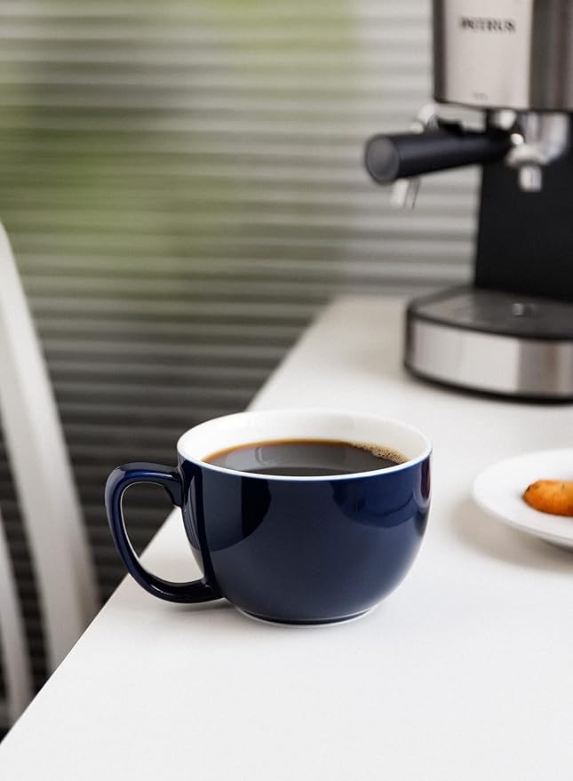 Teocera 16oz Large Coffee Mugs Set of 4 - Thick White Porcelain Cups for Cappuccino, Latte, Tea & Hot Chocolate - Dishwasher Safe Ceramic with Comfort Grip Handles（Navy