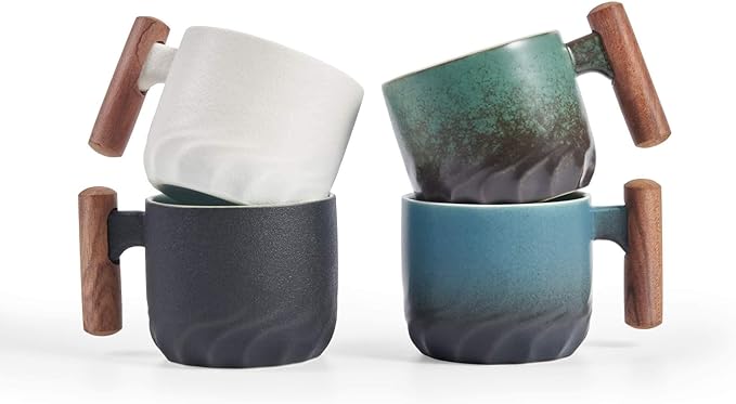 Ceramic Espresso Cup with Wooden Handle, 3oz, Microwave Safe, Porcelain, 2.08x1.85in, Hand Wash Only, Black&White