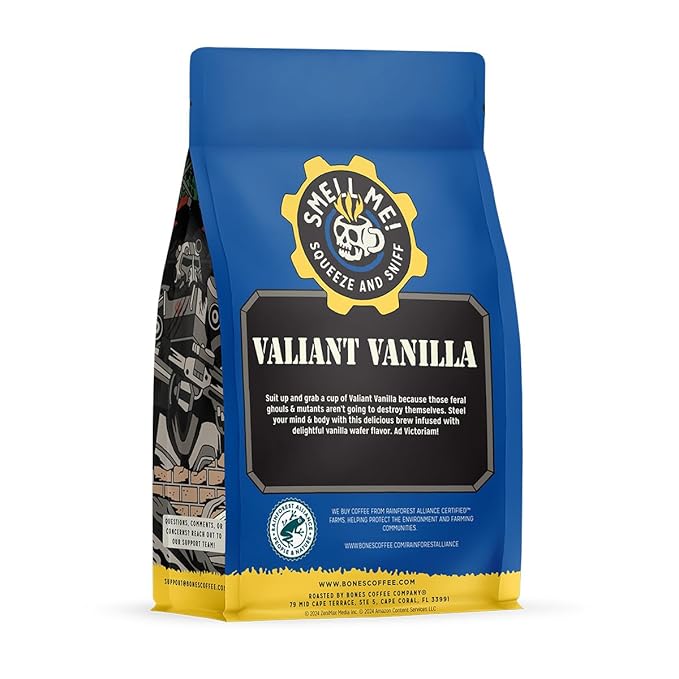 Bones Coffee Company Fallout Valiant Vanilla, Vanilla Wafer Flavored Coffee, Medium Roast Low Acid Arabica Beans Compatible with Auto drip and French Press Coffee Maker, 12 Oz Whole Bean