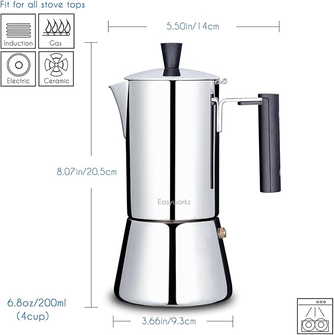 Easyworkz Pedro Stovetop Espresso Maker 4Cup 200ml Stainless Steel Italian Coffee Machine Maker Moka Pot Induction Espresso Pot