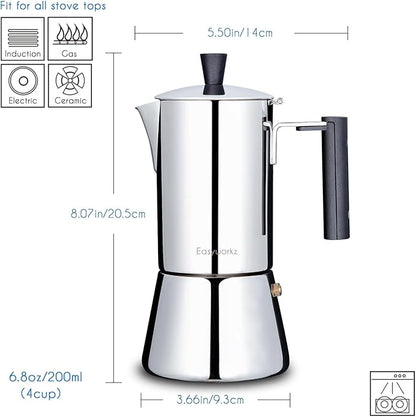 Easyworkz Pedro Stovetop Espresso Maker 4Cup 200ml Stainless Steel Italian Coffee Machine Maker Moka Pot Induction Espresso Pot