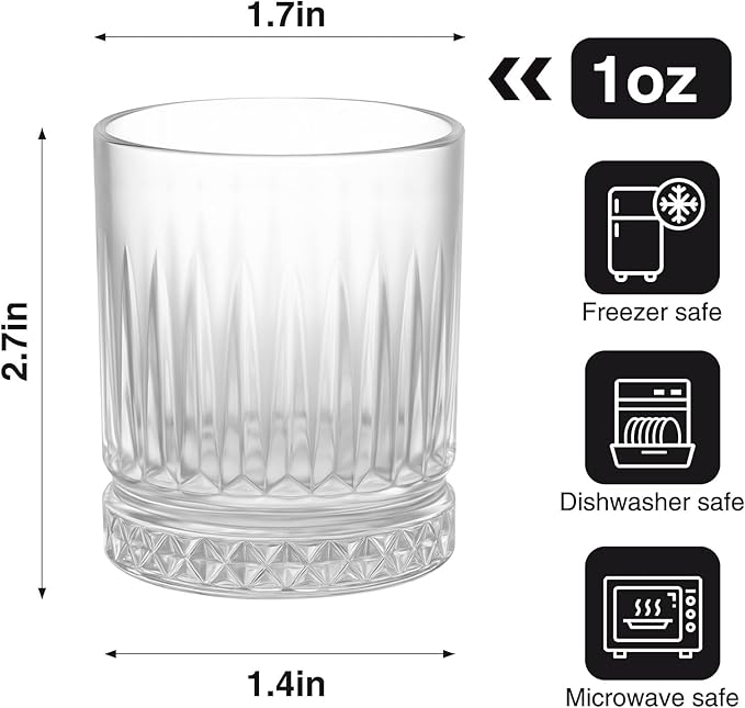 Ruckae 12 Pack 2.5oz Round Ribbed Shot Glasses - Clear Glass with Textured Stripes for Stylish Drinking - Perfect for Whiskey,Vodka,Rum and Cocktails - Ideal for Bars,Restaurants and Home Use