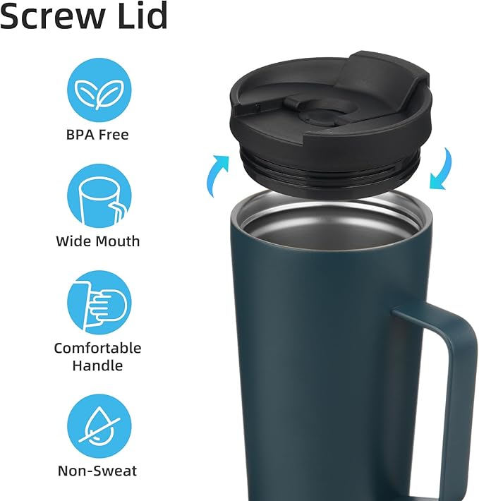 Insulated Tumbler with Handle and Straw, 26 OZ Travel Coffee Mug Stainless Steel Cup Metal Water Bottle,Navy Blue