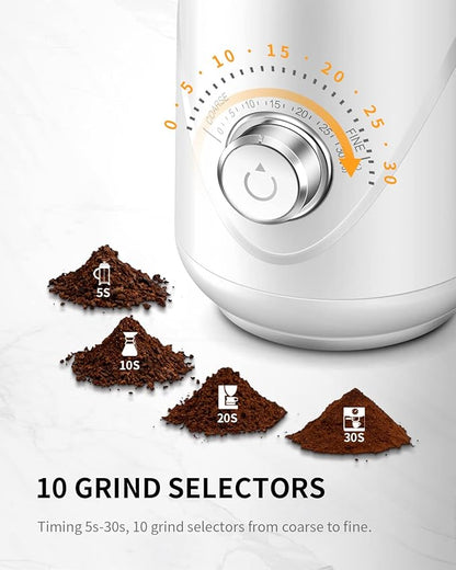 SHARDOR Electric Super Silent Blade Coffee Grinder, Timed Grind Control Rotary Knob, Adjustable Coarse to Fine for Coffee Beans, Spices & Herbs, with 1 Removable Stainless Steel Bowl, White