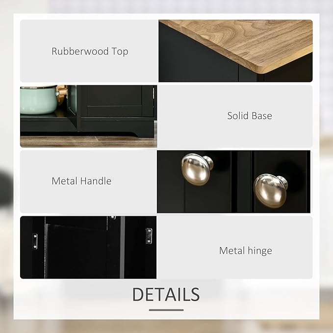 HOMCOM Sideboard with Solid Wood Countertop, Modern Kitchen Storage Cabinet, Coffee Bar Cabinet with 3 Drawers, Doors and Adjustable Shelf, Black