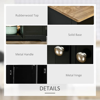 HOMCOM Sideboard with Solid Wood Countertop, Modern Kitchen Storage Cabinet, Coffee Bar Cabinet with 3 Drawers, Doors and Adjustable Shelf, Black