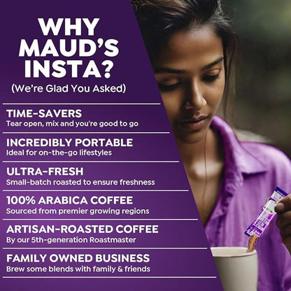 Maud's Half Caffeine Instant Coffee, 24 ct, 100% Arabica Coffee, Medium Roast, Instant Hot or Iced Coffee - Just add water