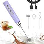 Load image into Gallery viewer, Nahida Light Purple Milk Frother Wand for Coffee, Frother Handheld Rechargeable Electric Whisk with 3 Heads 3 Speeds Drink Mixer Coffee Frother Foam Maker For Latte, Cappuccino, Hot Chocolate, Egg