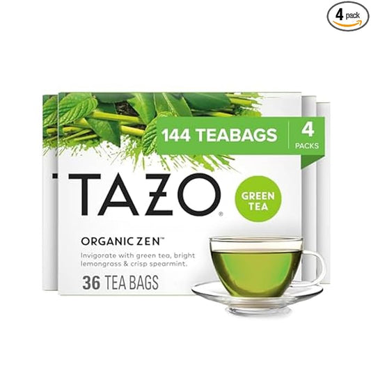 TAZO Organic Zen Green Tea Bags, Caffeine Free Tea with Refreshing Lemongrass & Spearmint, 144 Total Tea Bags (36ct - Pack of 4)
