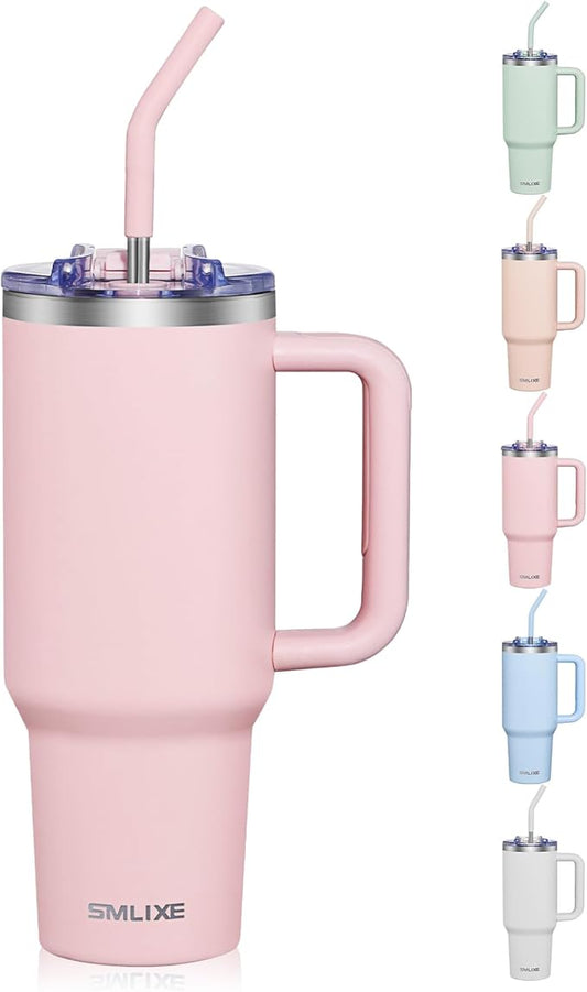 COKTIK 40 oz Tumbler With Handle and Straw Lid, Vacuum Insulated Travel Coffee Mug Stainless Steel Insulated Cup for Beverages, Leak-proof, Cupholder Friendly (Blush)