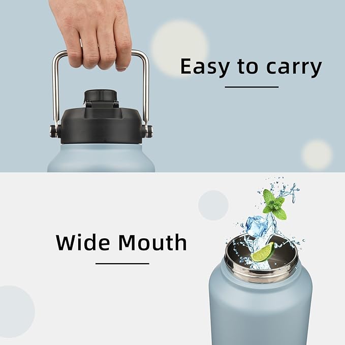 Jug with Handle,87 oz Insulated Water Bottle with Carrying Pouch, Double Wall Vacuum Stainless Steel Metal Bottle,Storm Blue