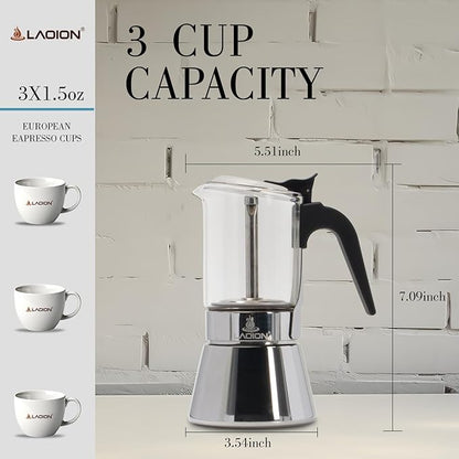 Stovetop Espresso Maker, 3Cup 160ml Moka Pot, Crystal Glass-top & Stainless Steel Coffee Maker Mocha Pot, Greca De Cafe, Cuban and Italian Coffee Maker for Cafetera Cubana