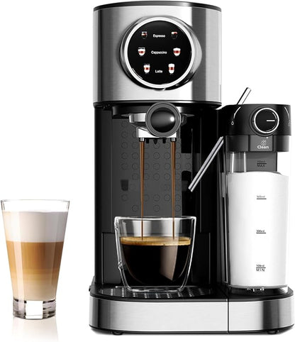 20 Bar Compact Espresso Machine with Steam Milk Frother，Professional Espresso Maker for Home and Office，1350W Touchscreen Cappuccino ＆ Latte Machine，57oz Detachable Water Tank，Black