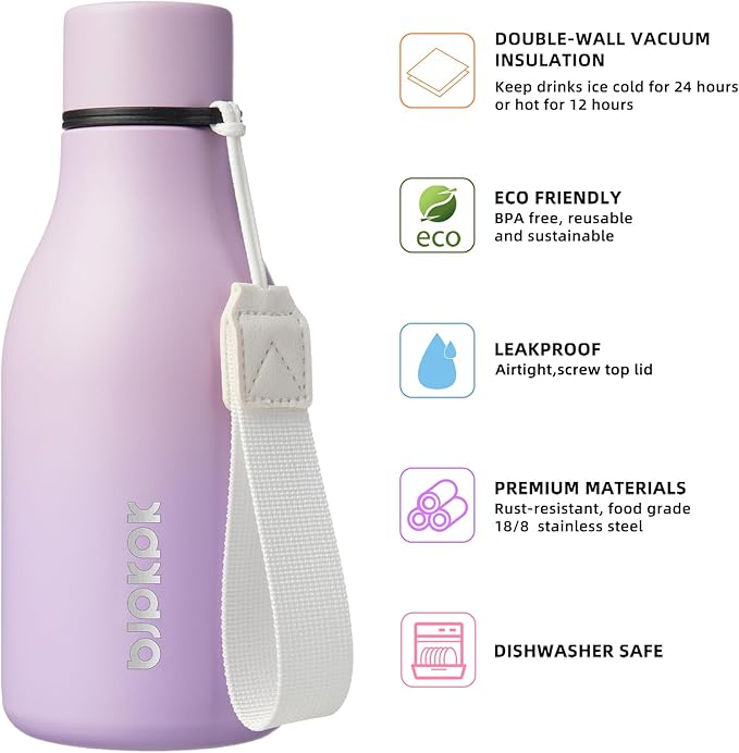 BJPKPK Insulated Water Bottles, 12oz Stainless Steel Metal Water Bottle with Strap, BPA Free Leak Proof Jugs, Mugs, Flasks, Reusable Thermal Flasks for Sports & Travel, Dreamy Purple