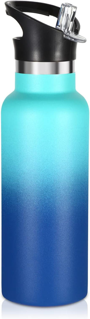 Volhoply 17oz Kids Insulated Water Bottle,Stainless Steel Water Bottles with Straw Lid,Reusable Metal Cups Water Bottle,Double Wall Vacuum Sports School Water Flask Keep Cold(Green Blue,1 Set)