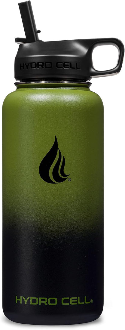 HYDRO CELL Stainless Steel Insulated Water Bottle with Straw - For Cold & Hot Drinks - Metal Vacuum Flask with Screw Cap and Modern Leakproof Sport Thermos for Adults (Army/Black 32oz)