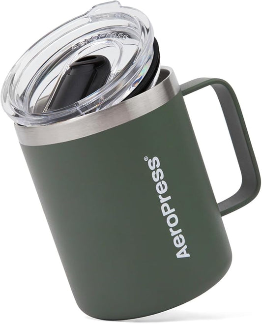 AeroPress Travel Coffee Mug with Handle, Double-Wall Vacuum Insulated Stainless Steel with Splash-Resistant Slider Lid, Compatible for Hot or Cold Drinks, Dishwasher Safe, 12 oz, Green