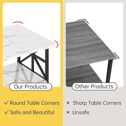 AWQM Faux Marble Coffee Table for Living Room with Round Corners,2 Tier Living Room Table with Storage Shelf,Rectangular Coffee Table Center Table for Small Spaces,White