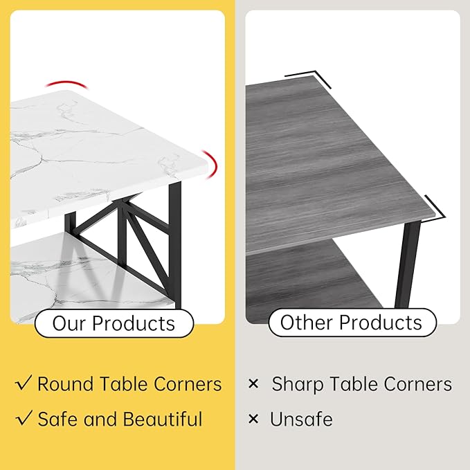 AWQM Faux Marble Coffee Table for Living Room with Round Corners,2 Tier Living Room Table with Storage Shelf,Rectangular Coffee Table Center Table for Small Spaces,White