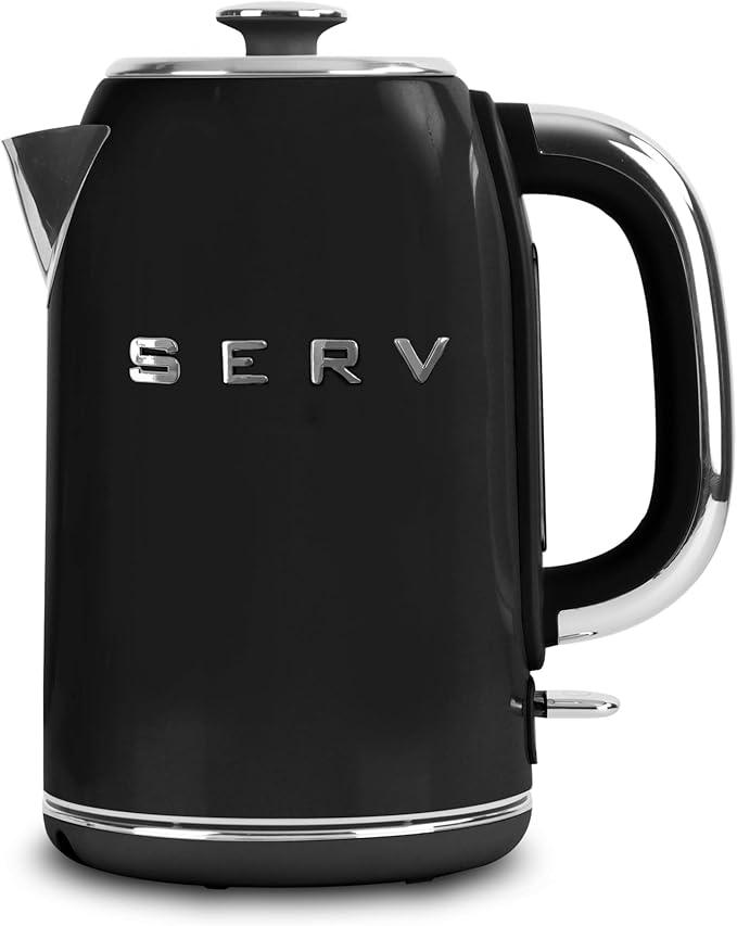 Servappetit Retro Serv 1.7L Electric Kettle Midcentury Modern Stainless Steel Hot Water Kettle with 360° Swivel Base & Water Level Indicator (Black)