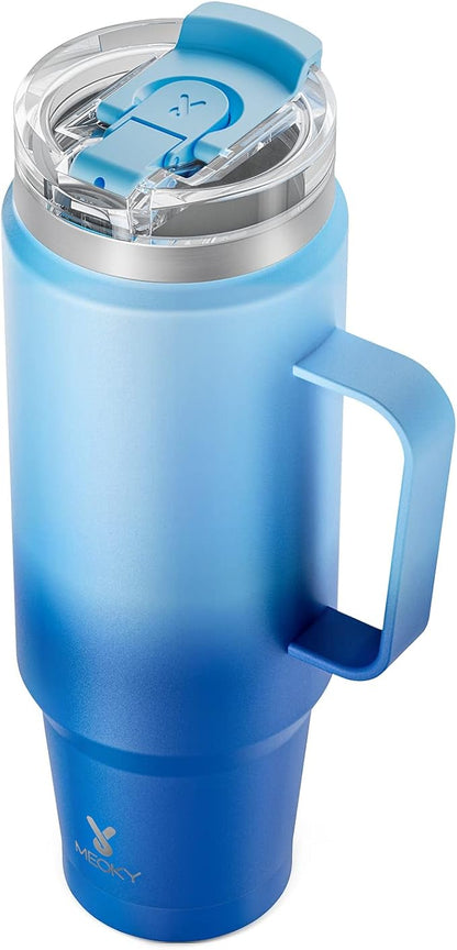 Meoky 40oz Tumbler with Handle, Stainless Steel Travel Mug with 2-in-1 Straw and Sip Lid, Vacuum Insulated Coffee Mug, 100% Leak Proof, Keeps Cold for 34 Hours or Hot for 10 Hours (Sky)