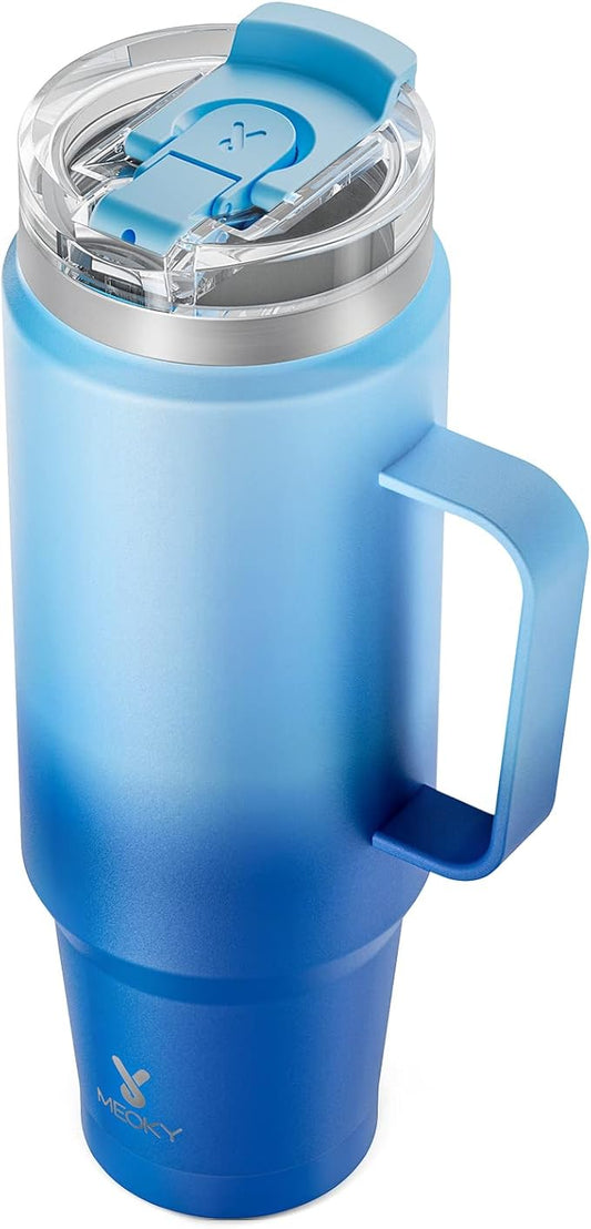 Meoky 40oz Tumbler with Handle, Stainless Steel Travel Mug with 2-in-1 Straw and Sip Lid, Vacuum Insulated Coffee Mug, 100% Leak Proof, Keeps Cold for 34 Hours or Hot for 10 Hours (Sky)