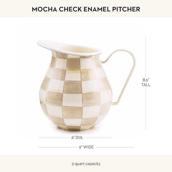 MACKENZIE-CHILDS Enamel Pitcher with Spout for Water, Cut Flowers, and Home Decor, 3 Quarts, Brown-and-White Mocha Check