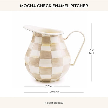MACKENZIE-CHILDS Enamel Pitcher with Spout for Water, Cut Flowers, and Home Decor, 3 Quarts, Brown-and-White Mocha Check