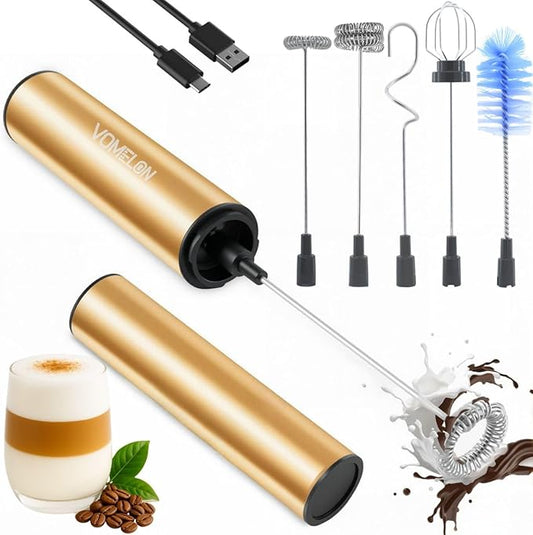Rechargeable Milk Frother Handheld Electric Frother Wand Milk Foamer Drink Mixer for Coffee, Lattes, Cappuccino, and Egg, Stainless Steel for Travel-Golden