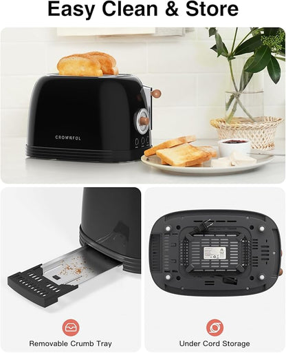 CROWNFUL 2-Slice Toaster, Extra Wide Slots Toaster, Retro Stainless Steel with Bagel, Cancel, Defrost, Reheat Function and 6-Shade Settings, Removal Crumb Tray, Black