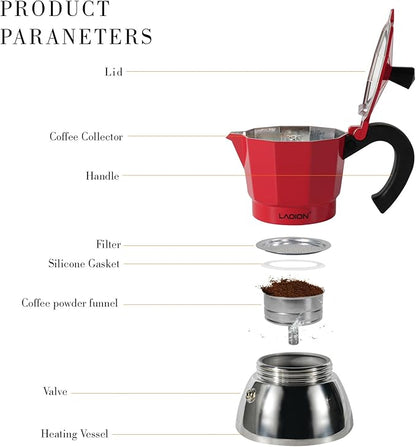 Stovetop Espresso Maker, 3Cup Moka Pot, Espresso Machine Compatible with Induction Cooktops, 150ml Stainless Steel & Aluminum Cuban Coffee Maker for Cafetera Cubana, Red