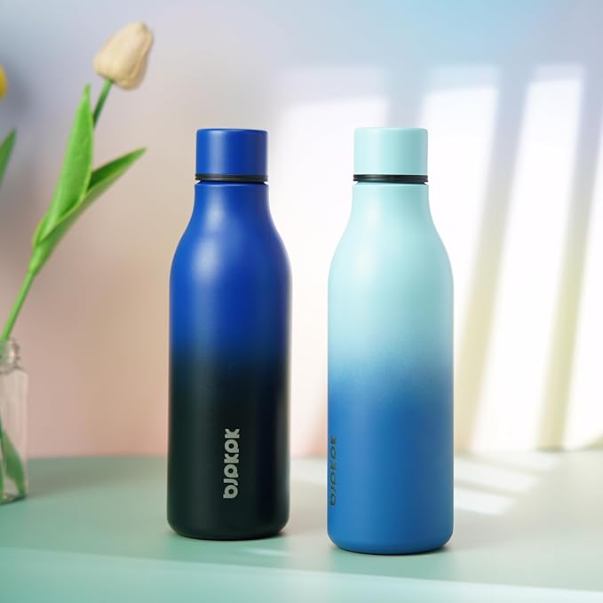 BJPKPK Insulated Water Bottles, 18 oz Stainless Steel Metal Water Bottle with Strap, BPA Free Leak Proof Jugs, Mugs, Flasks, Reusable Thermal Flasks for Sports & Travel, Lake Blue