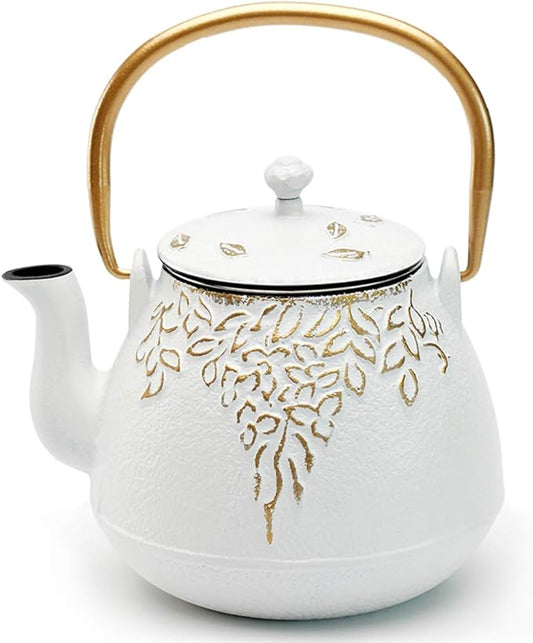 TOPTIER Japanese Cast Iron Tea Kettle with Infuser,Teapot Stovetop Safe, Leaf Design , Coated with Enameled Interior for 32 Ounce (950 ml), White