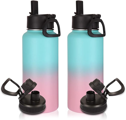 Volhoply 32 oz Water Bottles Bulk 2 Pack with Straw Lid & Spout Lid,Insulated Sports Water Bottle,Double Wall Vacuum Stainless Steel Cups,Leakproof Wide Mouth Metal Flask for Travel(Green Pink,2)