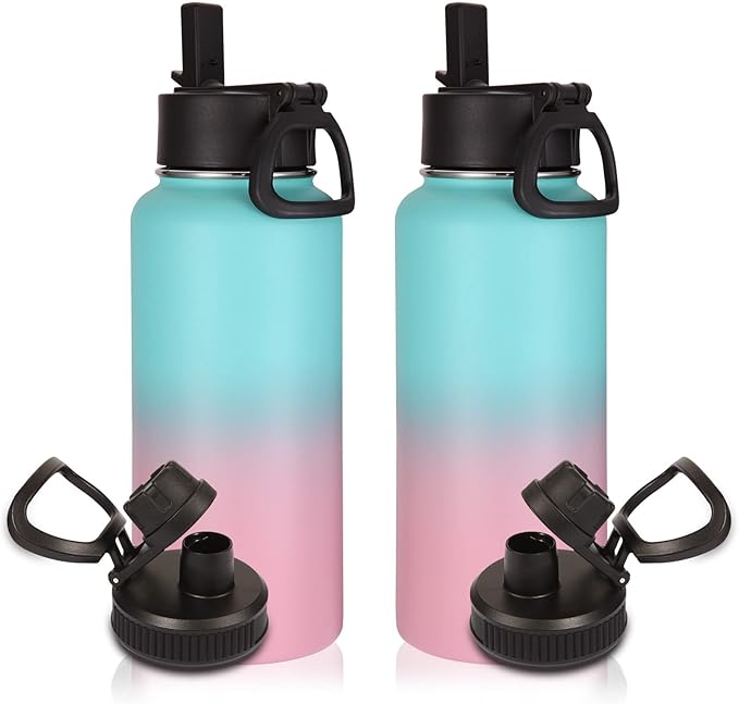 Volhoply 32 oz Water Bottles Bulk 2 Pack with Straw Lid & Spout Lid,Insulated Sports Water Bottle,Double Wall Vacuum Stainless Steel Cups,Leakproof Wide Mouth Metal Flask for Travel(Green Pink,2)