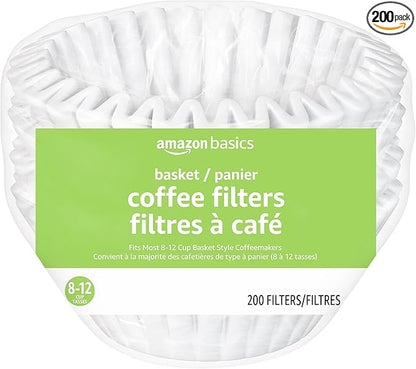 Amazon Basics Basket Coffee Filters for 8-12 Cup Coffee Makers, White, 200 Count