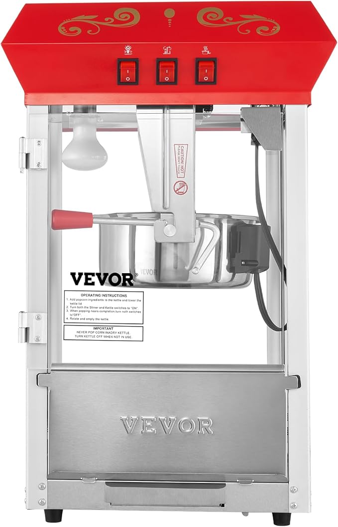 VEVOR Commercial Popcorn Machine, 8 Oz Kettle, 850 W Countertop Popcorn Maker for 48 Cups per Batch, Theater Style Popper with 3-Switch Control Steel Frame Tempered Glass Doors 2 Scoops 2 Spoons, Red