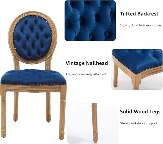 French Country Dining Chairs Set of 8, Blue Velvet Upholstered Dining Chairs, Tufted Back, Solid Wood Legs, Farmhouse Kitchen & Dining Room Chairs, Sillas De Comedor (Blue, 8Pcs)