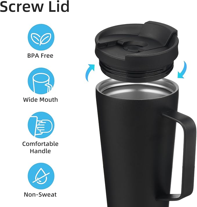Insulated Tumbler with Handle and Straw, 18 OZ Travel Coffee Mug Stainless Steel Cup Metal Water Bottle,Black