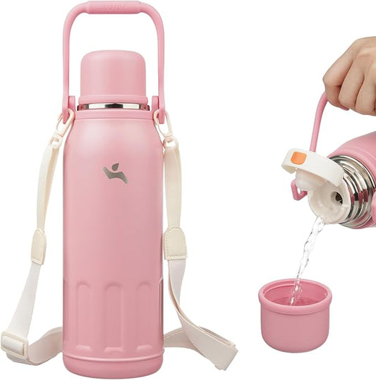 Insulated Water Bottle with Handle and Strap,Vacuum Travel Tumbler with Cup Lid,Thermo Coffee Cup for Hot Cold Drinks 50 OZ,Pink
