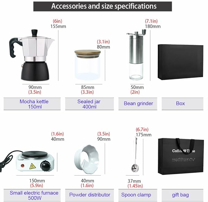 DS&DV Moka Pot Kits,Glass Bean Jar,Spoon Clamp,Powder Distributor,Hand-Operated Bean Mill,Filter Paper,Coffee Maker for Traveling (Moka Pot Set)